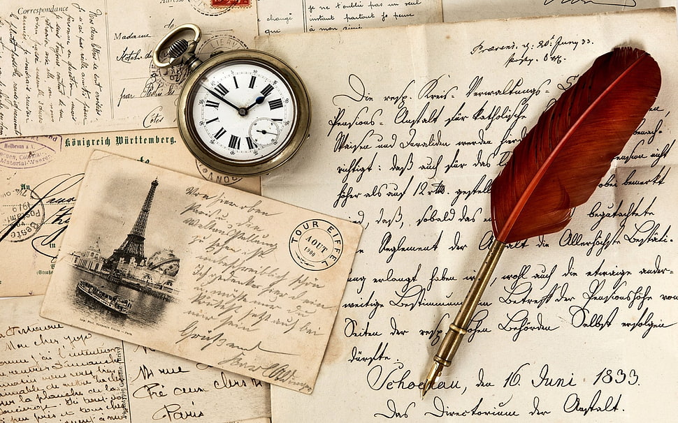 white classic print papers with pocket watch and red feather pen HD wallpaper