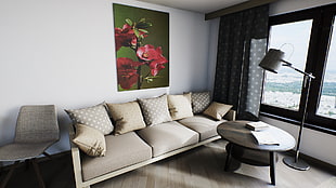 white and black fabric sectional sofa, room, Archviz
