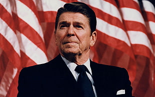 men's black and white stripe polo shirt, Ronald Reagan, USA, politics, actor