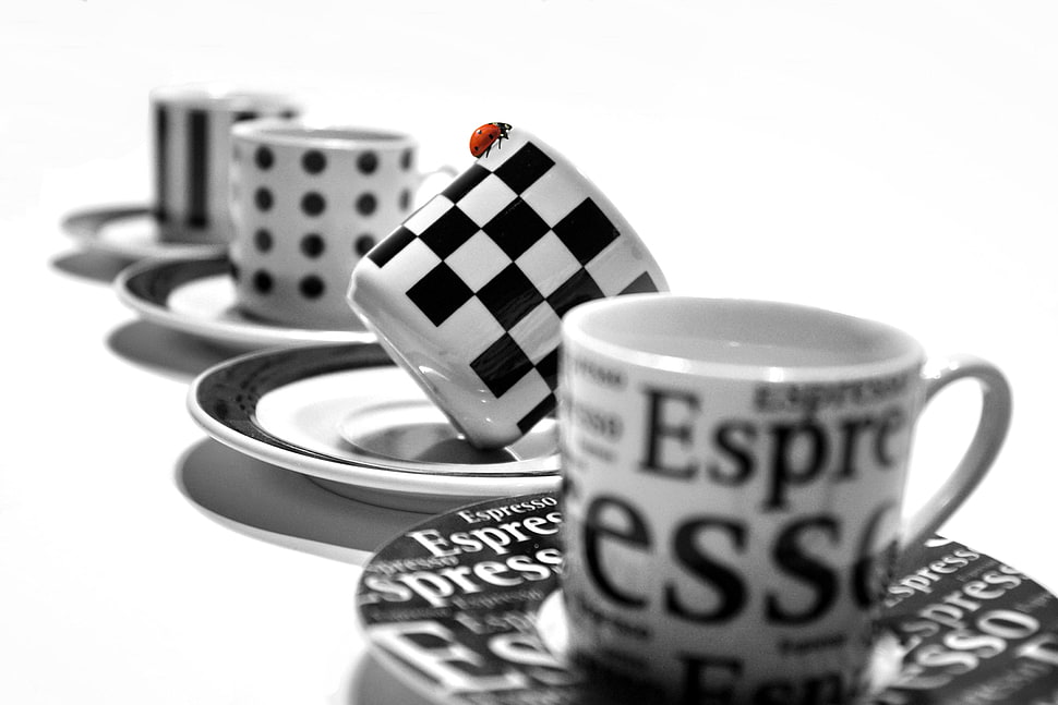 white and black ceramic teacups and saucers HD wallpaper