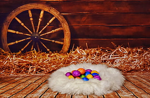 colored eggs in white fur pet bed near carriage wheel