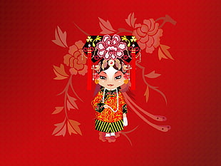 girl in red and brown floral traditional dress graphic wallpaper