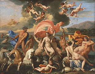 naked people in front of body of water painting, Greek mythology, Poseidon, Neptune, temple