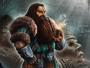 long bearded man in green and brown fur top digital wallpaper