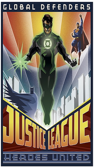 DC Comics Global Defenders Justice League Heroes United poster, Justice League, men, Batman logo, Superman