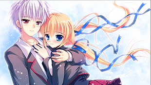 photography of white haired male anime character hugging yellow haired girl anime character