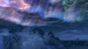 snow covered mountain, The Elder Scrolls V: Skyrim, video games, clouds, aurorae