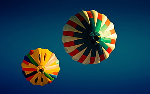 two orange and blue ribbon decors, hot air balloons, sky, worm's eye view HD wallpaper