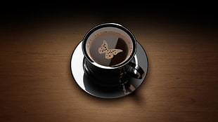 black ceramic mug and saucer, mugs, coffee, butterfly, macro HD wallpaper