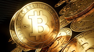 gold-colored Bitcoin, Bitcoin, currency, money