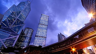low angle photo of curtain wall building during dusk HD wallpaper
