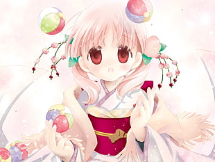 female anime character in red and white yukata dress