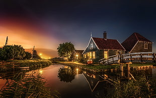 brown and white wooden house, villages, sunset, HDR, lights