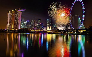 Singapore night sky, reflection, cityscape, ferris wheel, fireworks
