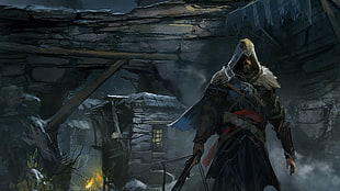 man in hood holding sword digital wallpaper
