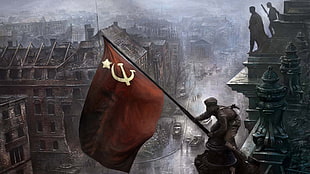 illustration of person holding Soviet Flag pole, Soviet Union, USSR, war, artwork HD wallpaper