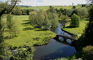 landscape photography of grassland with river and stone bridge during daytime