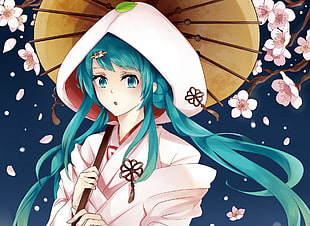 blue-haired female anime character holding brown oil paper umbrella