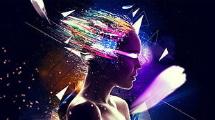 person with lights on hair and eye digital wallpaper, music, abstract, face, women