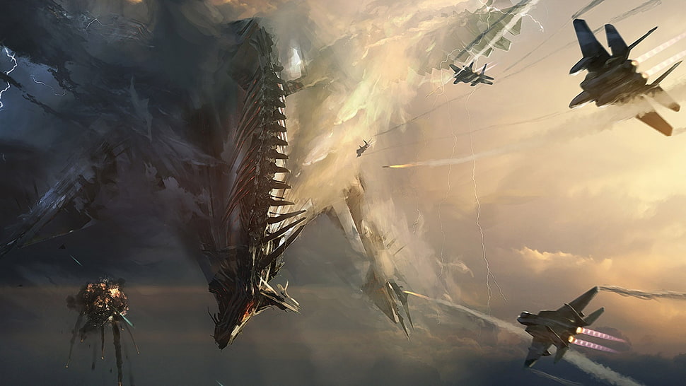 dragon and fighter jet poster, artwork, fantasy art, dragon, jets HD wallpaper