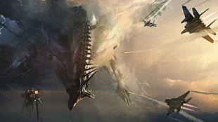 dragon and fighter jet poster, artwork, fantasy art, dragon, jets