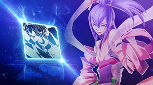 purple hair female anime character digital wallpaper