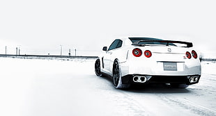 silver Nissan GT-R coupe, vehicle, car, Nissan