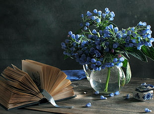 blue flowers near book
