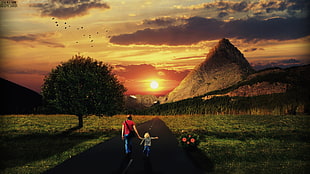 two person walking on road between grasses, landscape, people, feelings