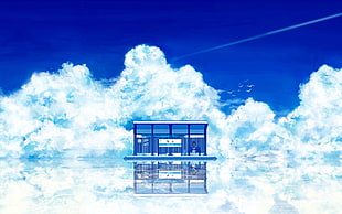 glass house at the middle of body of water under clear blue sky, sky, abstract, alone, anime girls