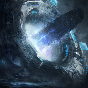 spacecraft teleportation hole illustration, space, science fiction HD wallpaper