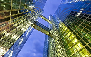 photo of a clear glass twin building during night time