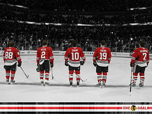 five red-and-white ice hockey jerseys, Chicago Blackhawks, ice hockey, sport 
