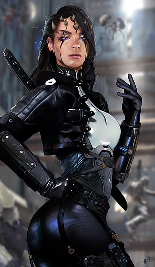woman wearing black leather armor HD wallpaper