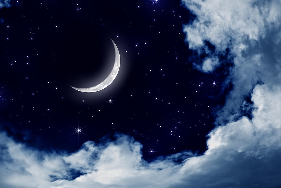 white clouds during nighttime under crescent moon digital wallpaper, Moon, sky, clouds HD wallpaper