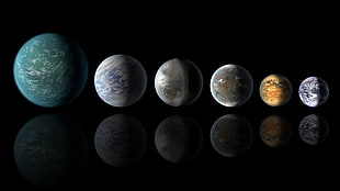 five Kepler planets and Earth, planet, digital art, Solar System, simple background