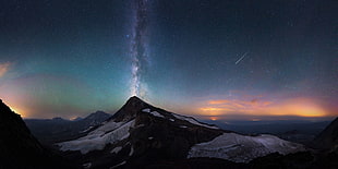black and white mountain, mountains, snow, stars, meteors HD wallpaper