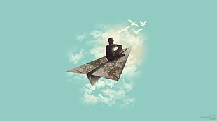 man riding on gray paper airplane illustration, fantasy art, paper planes