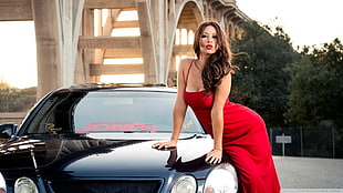 women's red scoop-neck sleeveless dress, red dress, car, juicy lips, women with cars