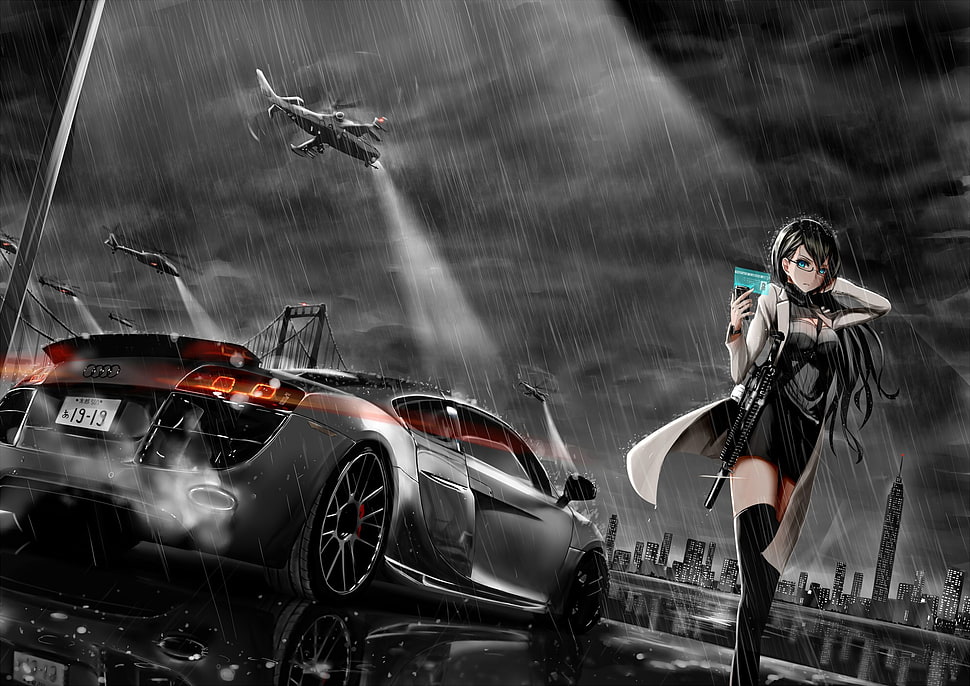 black haired female animated character standing near on luxury car HD wallpaper