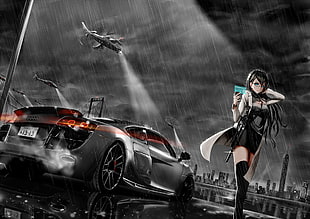 black haired female animated character standing near on luxury car