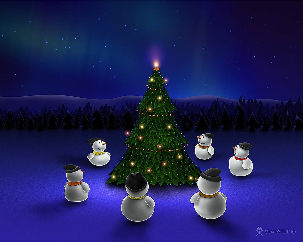 snowman looking Christmas tree 3d wallpaper HD wallpaper