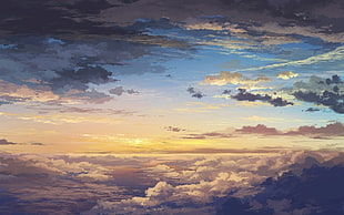 sunset over cloudy sky illustration HD wallpaper