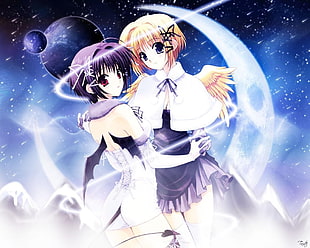 two female anime characters wearing purple-and-white dresses digital wallpaper