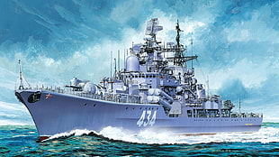 purple battleship painting, army, artwork, Sovremennyy-class destroyer, Admiral Ushakov (434) HD wallpaper
