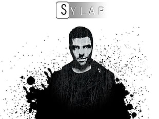Sylap text with man's portrait illustration, Gabriel Gray, hero, Zachary Quinto, Sylar (Heroes)