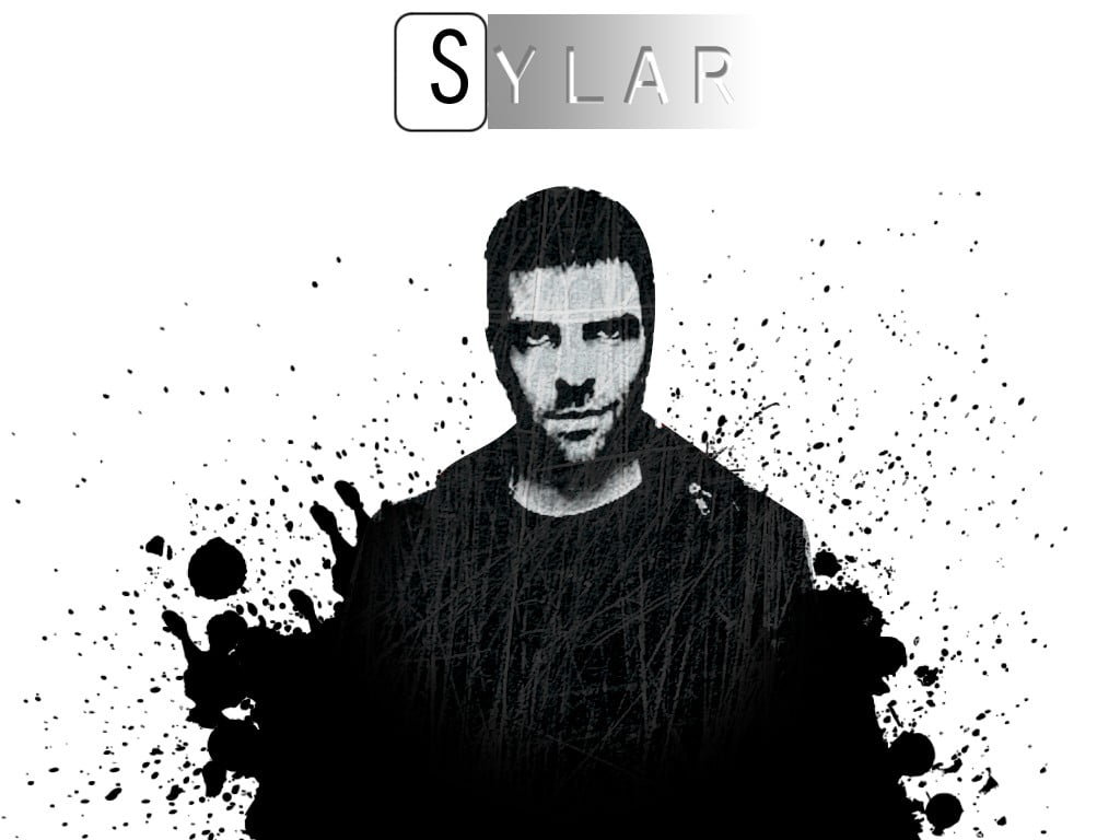 Sylap text with man's portrait illustration, Gabriel Gray, hero, Zachary Quinto, Sylar (Heroes)