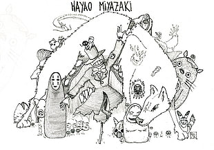 sketch of animals and scarecrow by Hayao Miyazaki, fan art, illustration, drawing, Hayao Miyazaki