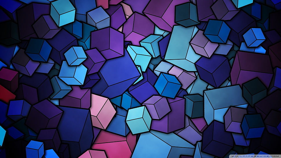 blue, purple, and pink box graphic, abstract HD wallpaper
