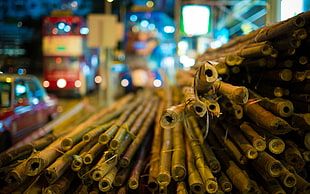 bamboo stick lot, bamboo, bokeh, blurred, street